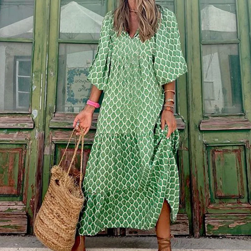 Loose Casual Boho Print Dress Fpr Women Elegant V Neck Half Sleeve Big Hem  Long Dresses 2024 Summer Fashion New Lady Robe - AliExpress 200000345