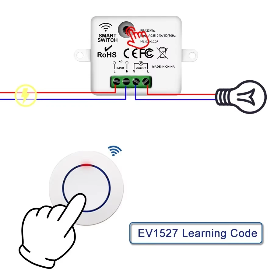 Light Switch Relay Receiver Mini Round Button Wall Panel 220V 110V 10A RF 433MHz Wireless Remote Control for LED Lamp
