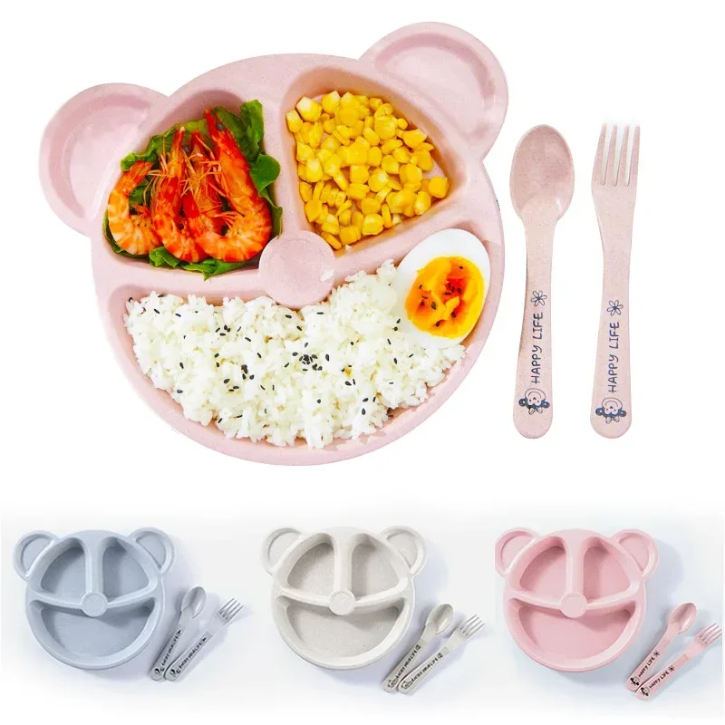 

3Pcs/Set Baby bowl+spoon+fork Feeding Food Tableware Cartoon Bear Kids Dishes Eating Dinnerware Anti-hot Training Dinner Plate