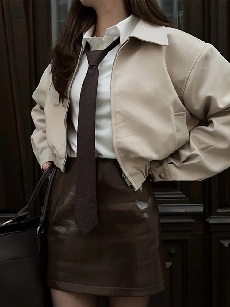 Frauen 2 Stücke Anzüge Revers Reißverschluss Bomberjacke Shorts Sets Herbst 2025 Weibliche Feste Lose Mantel Mit Hoher Taille Falten kurze Hosen – Detail 19