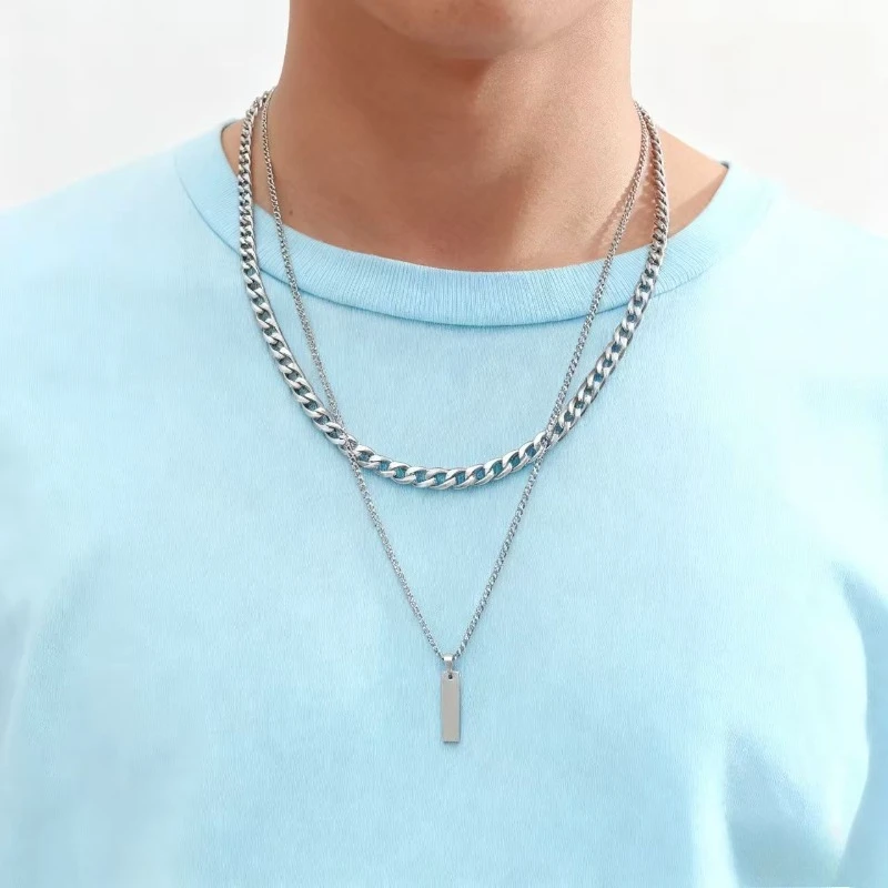 2-Piece Men's Layered Necklace Set - Minimalist Rectangle Pendant & Collarbone Chain, Ideal Gift for Christmas/New Year