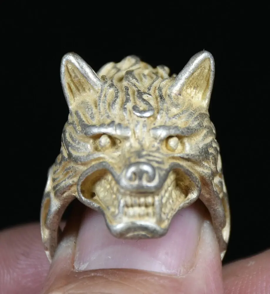 3.4Cmrare Old China Miao Silver Feng Shui Wolf Head Luck Jewelry Ring