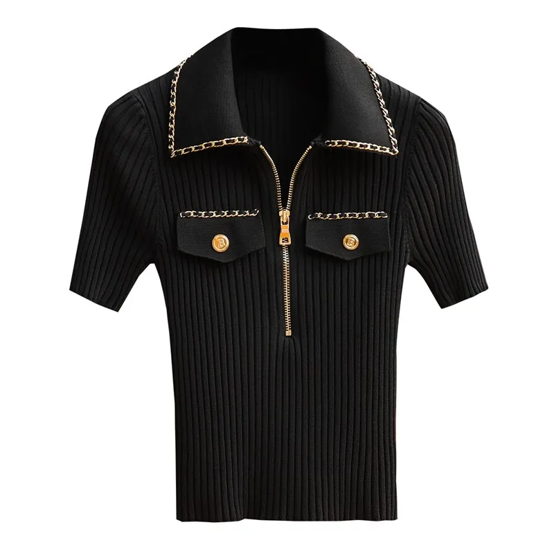 여성용 슬림 니트 티셔츠 스웨터, 세련된 체인, 골드 버튼, 집업 티 탑, 빈티지, 우아하고 세련된 숙녀용 니트웨어 2023