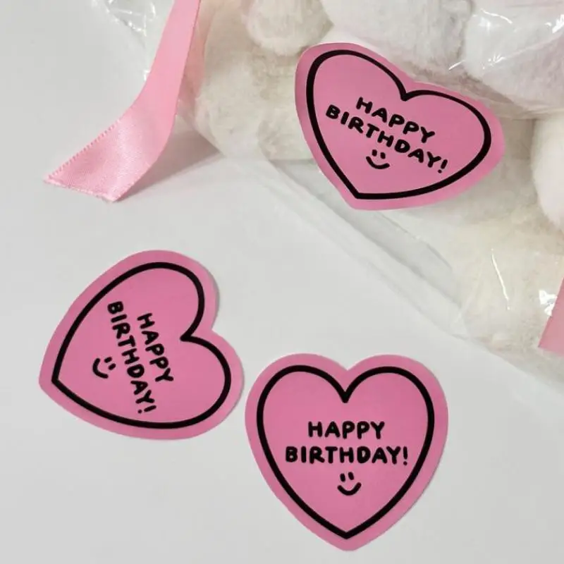 90pcs/10 Sheets Pink Happy Birthday Stickers Heart Shape Decorative Labels for Gift Wraps Home Classroom Birthday Party Supplies