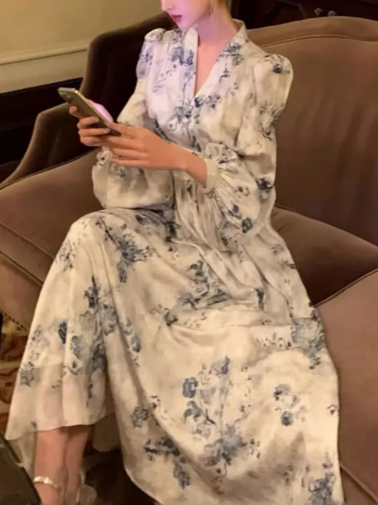 

Women Fashion Casual A-Line Print Long Dress Spring Summer Vintage Elegant Party Birthday Clothes Female Vestidos Wedding Robe