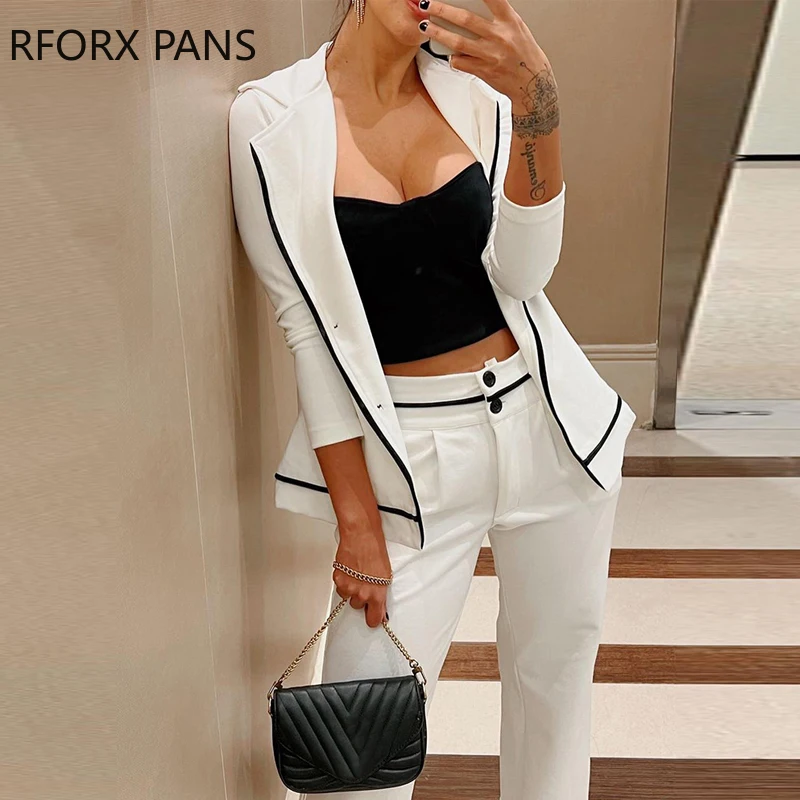 

Women Chic Notched Collar Side Striped Straight Working Ankle Length Blazer Sets