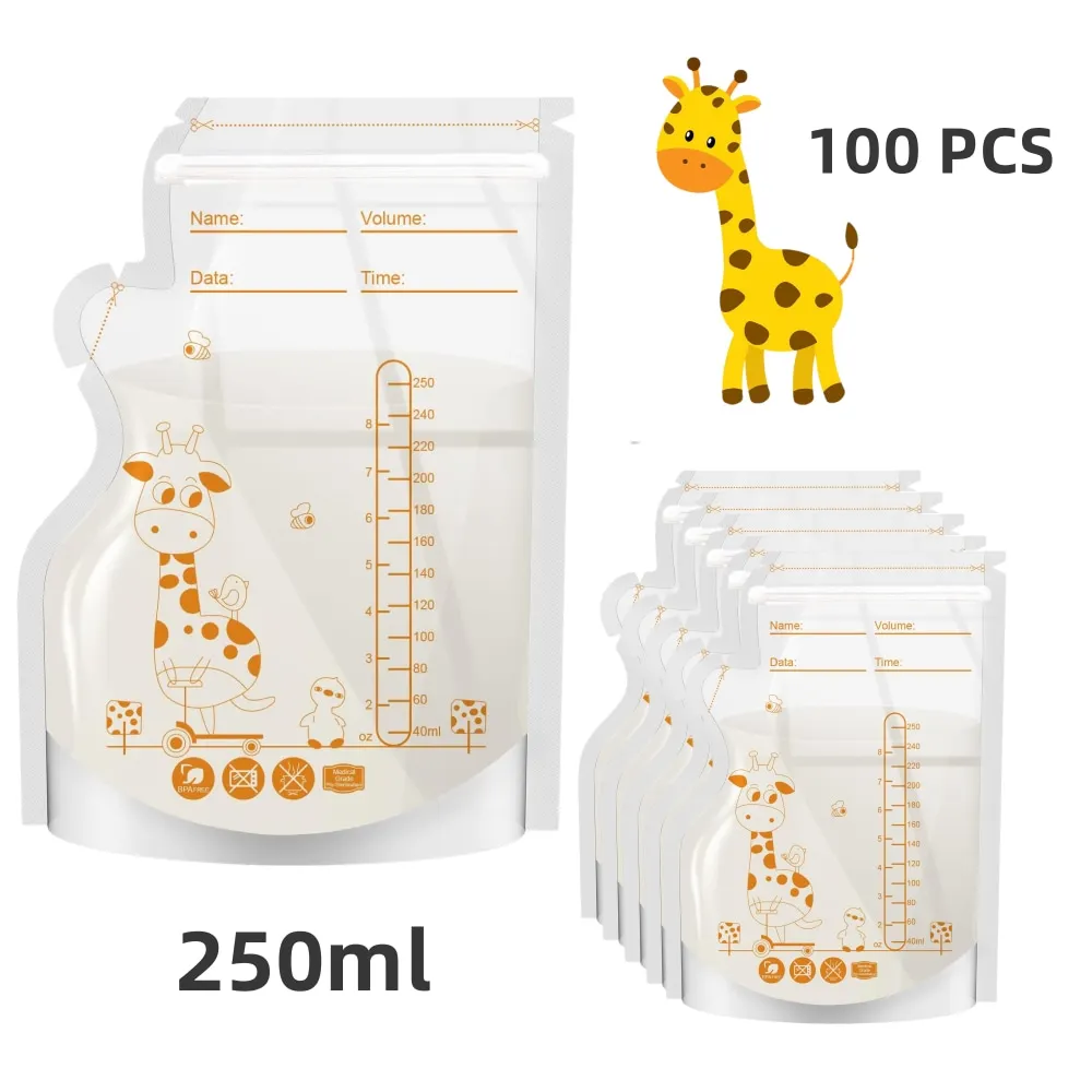 PE Giraffe Breast Milk Storage Bags 250ML 30pcs/60 pcs per Pack Pre-Stick Labels BPA Free Leakproof