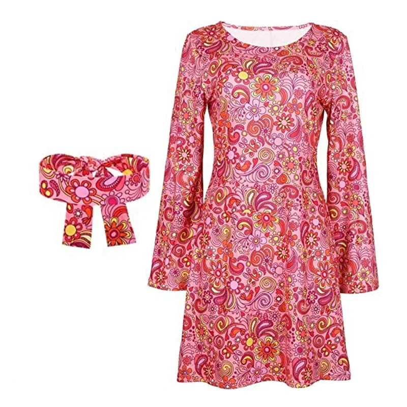 תחפושת היפי דיסקו משנות ה-60 וה-70 לנשים, מתאימה למסיבת הלווין, תחפושות לבמה היפיים עם תליונים אינדיאניים והופעות היפיים