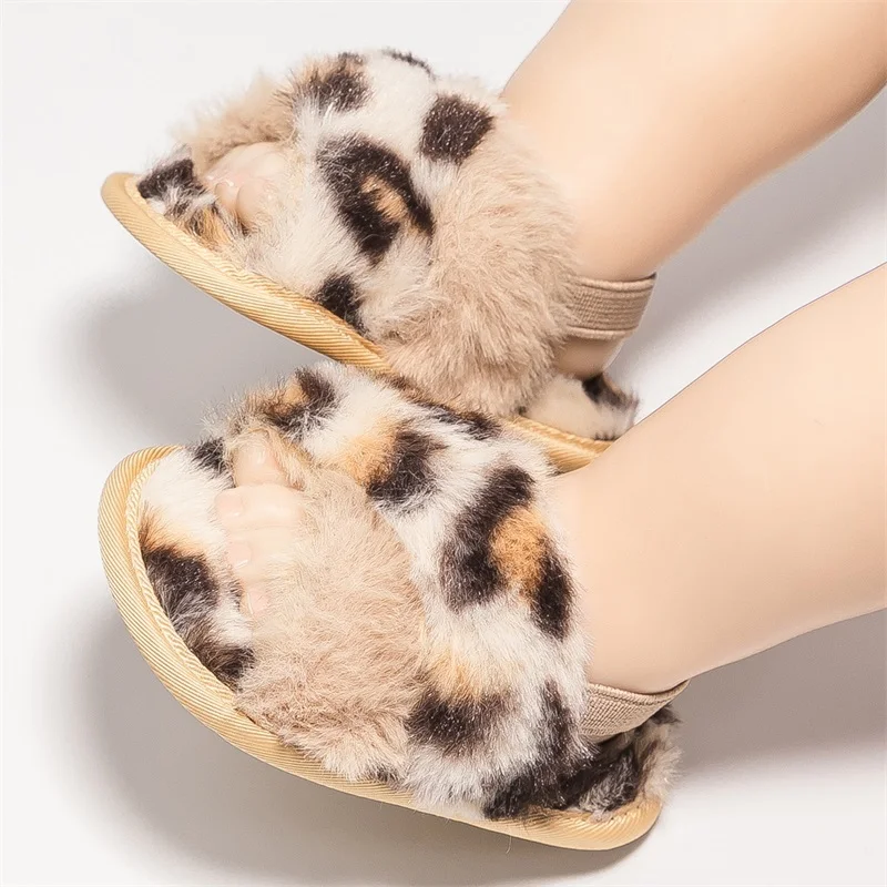 Suefunskry Baby Girls Plush Sandals Summer Cute Soft Sole Elastic Strap Flats First Walking Shoes for Toddler Newborn
