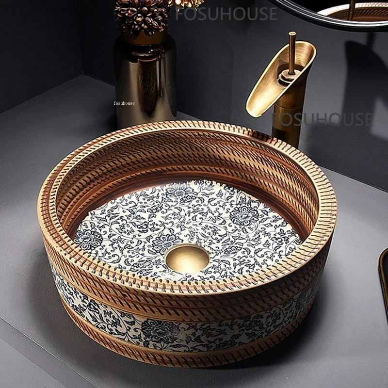 Designer Retro Ceramic Bathroom Sink Art Bathroom Fixture Household Balcony Sink Round Blue and White Porcelain Countertop Sink 3