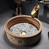 Designer Retro Ceramic Bathroom Sink Art Bathroom Fixture Household Balcony Sink Round Blue and White Porcelain Countertop Sink 3