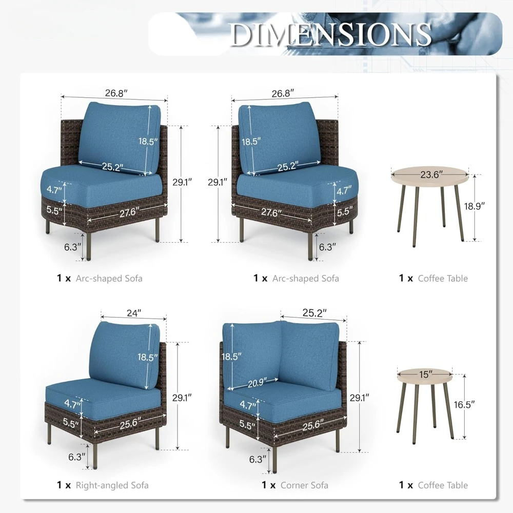 6 Piece Patio Furniture Set, L-Shaped Outdoor Sectional Wicker Patio Furniture with Coffee Table, 4-Seat Patio Conversation Set 2
