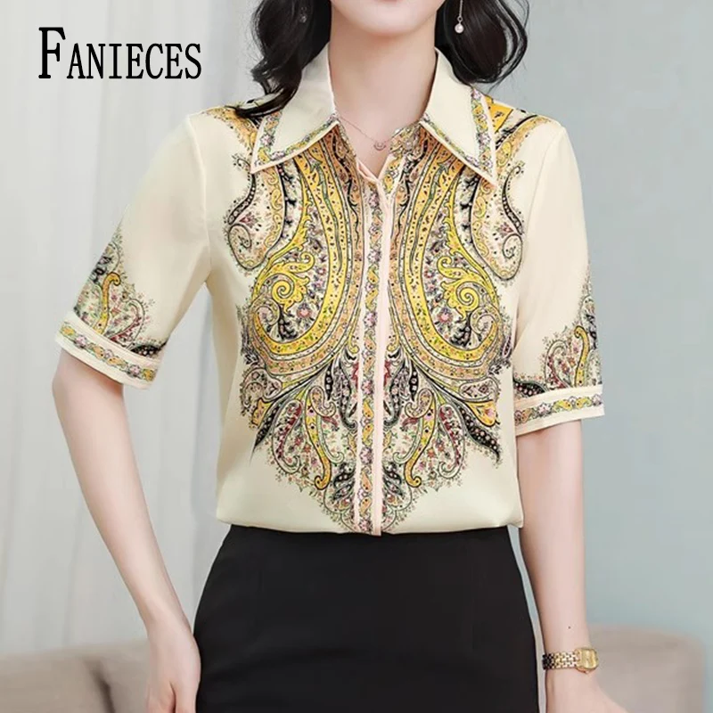 

FANIECES Elegant Short Sleeve Silk Women Shirts Summer Office Lady Fashion Printed Blouse Casual Turn-down Collar Blusas