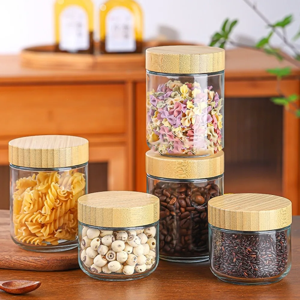 New Wooden Lids Overnight Oats Containers Airtight Cover Food Storage Tools Glass Jars Wide Mouth Meal Prep Jars for Salad Chia 5