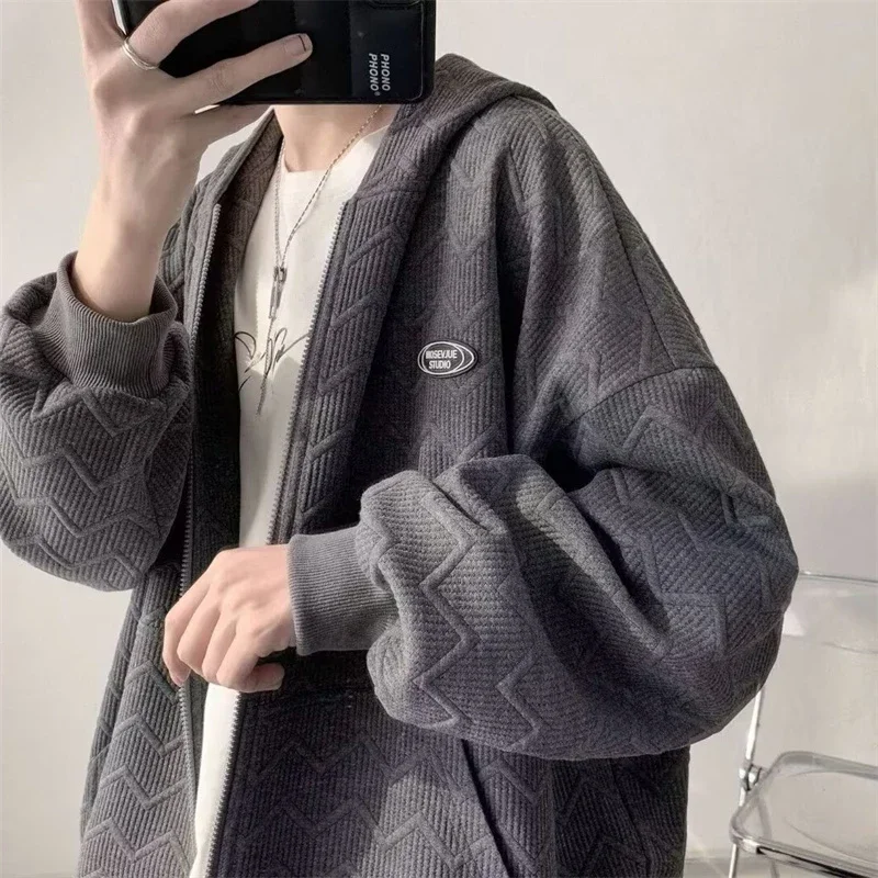 Autumn Jacquard Zipper Hooded Sweatshirt Men Korean Fashion High Street Cardigan Casual Oversized Y2K Vintage Hoodies Jacket customized hoodies,men hoodie