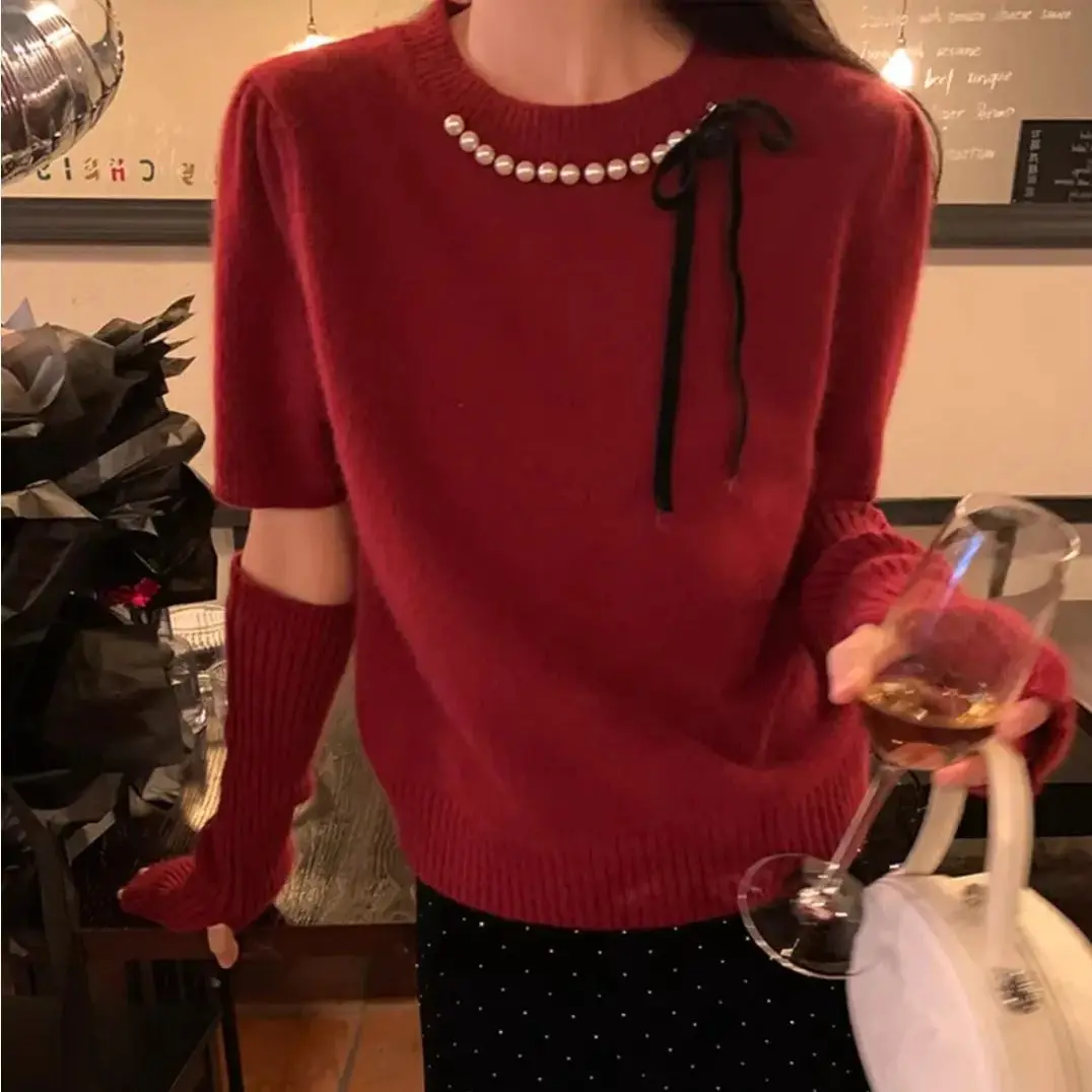 

Hsa Festive atmosphere sweater 2 PCS winter design bow beading design sweater top