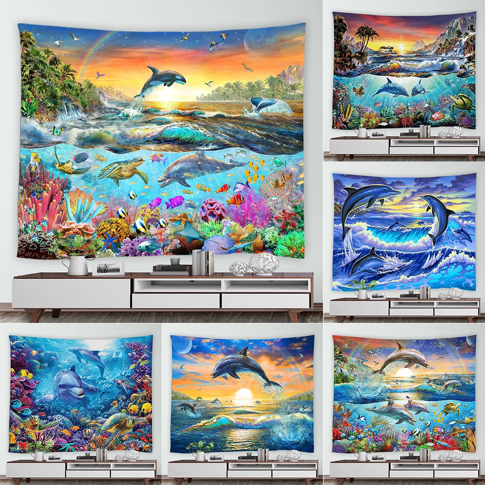 Sea Animals Fish Turtle Dolphin Print Pattern Tapestry Home Living Room  Bedroom Wall Decor Background Cloth - AliExpress