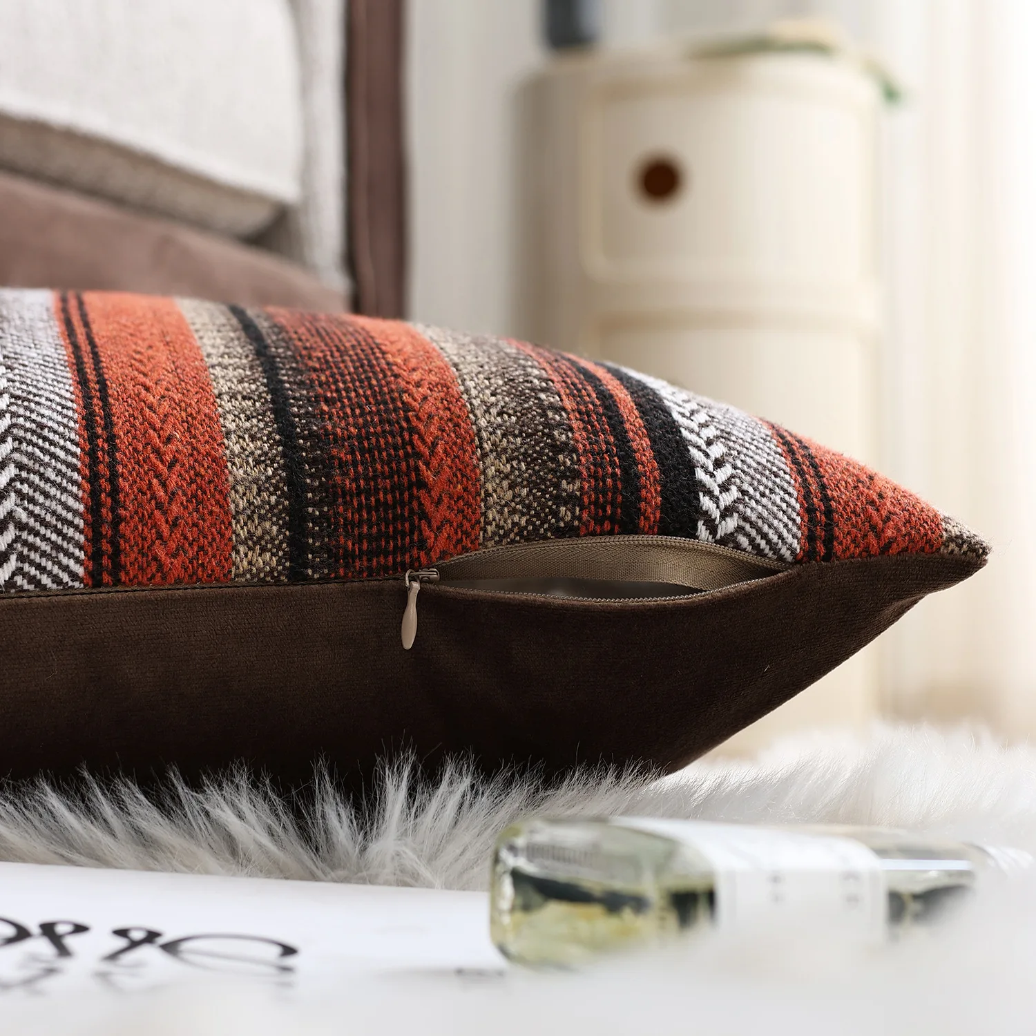 Gestreifter Boho-Kissenbezug mit Textur, gemütlicher, neutraler Chenille-Kissenbezug, dekorative Kissenhülle für Sofa, Schlafzimmer, Wohnzimmerdekoration – Detail 12