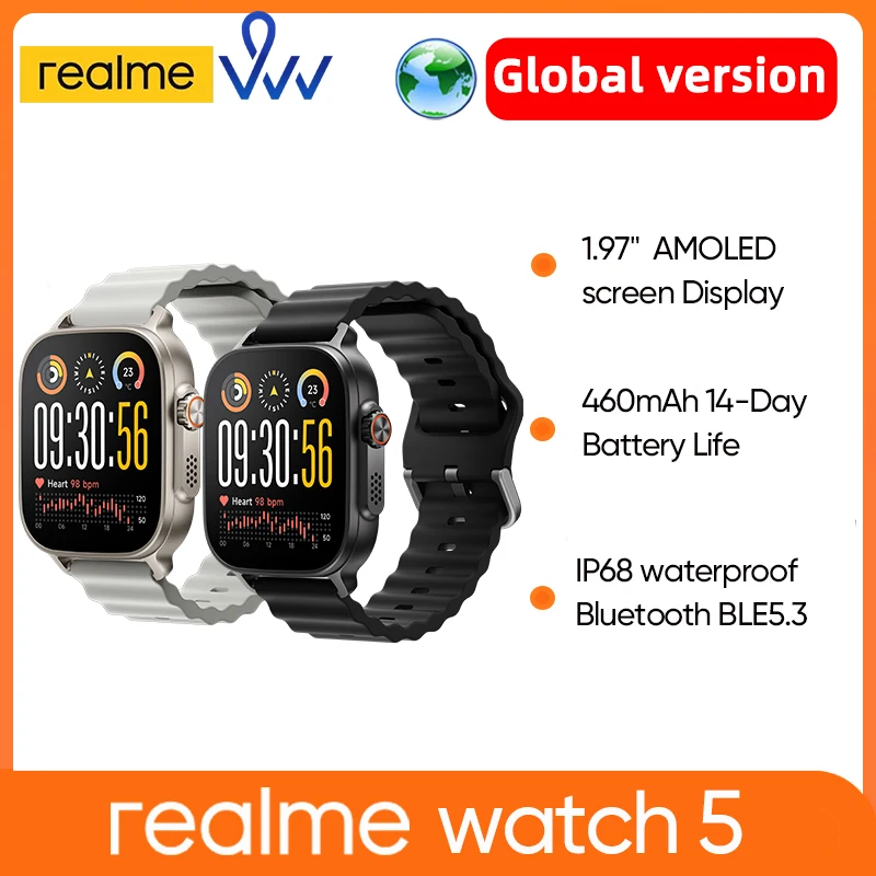 Global Version realme watch 5 1.97" 600nits AMOLED 460mAh 14-Day Battery Life 300+ Themes Support GPS GNSS IP68 waterproof
