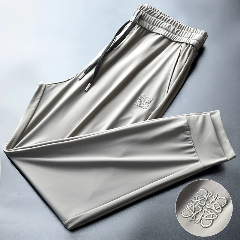 Men's Summer Slim Fit Ice Silk Casual Sports Pants 9-Minute Trousers Trendy Brand Sweatpants