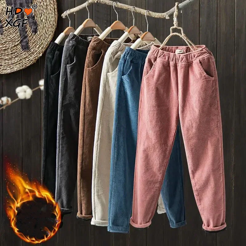 

Multiple Color Corduroy Plus Velvet Hallen Pants Women Elastic High Waist Thicken Straight Trousers Streetwear Casual Baggy Pant