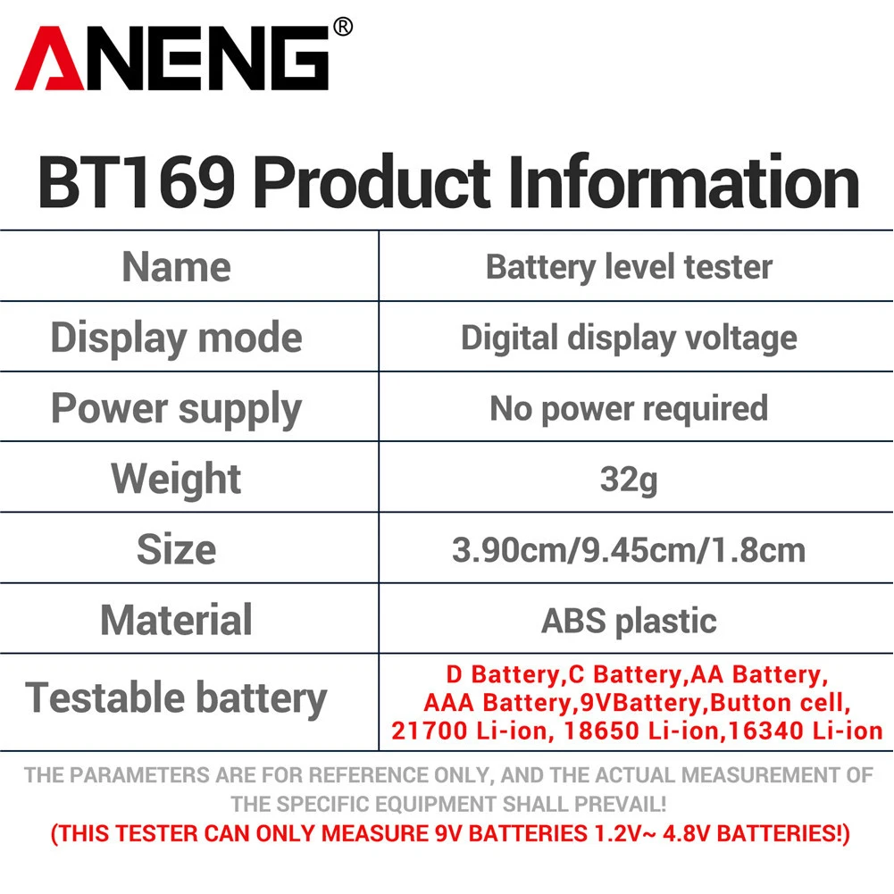 ANENG BT169 Universal Battery Tester 9V 1.5V Button Cell Test LCD Battery Indicator Gauge Checker Household Analyzer Meter Tool