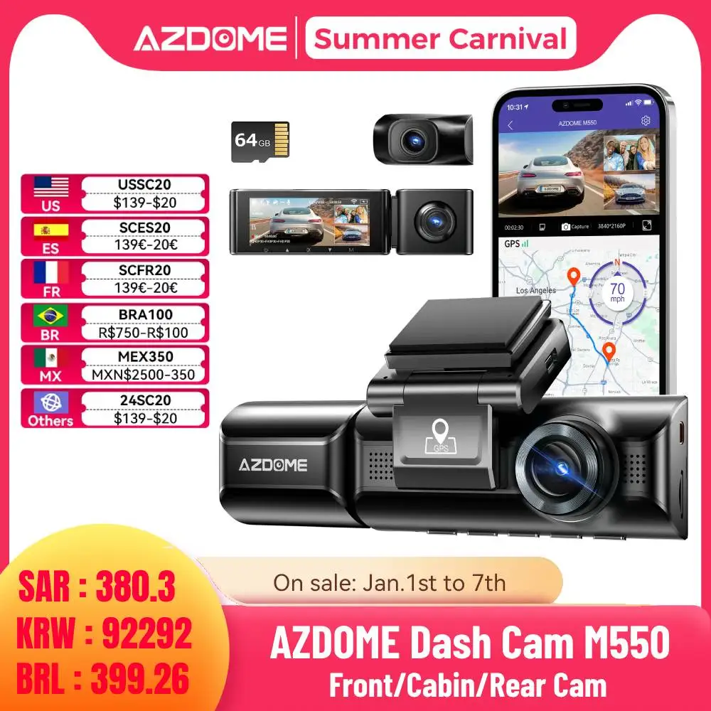 AZDOME Dash Cam M550 4K+1080P Built-in GPS WiFi Car Dash Camera Front Inside Rear 3 Way IR Night Vision Car DVR Support Rear Cam