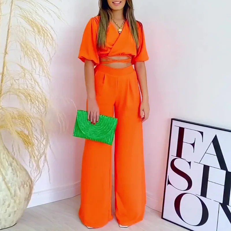 

Women's Clothing 2023 Spring New Women's Pants Two-piece Set, Solid Color V-neck Short Sleeve Shirt High Waist Wide Leg Pants Fa