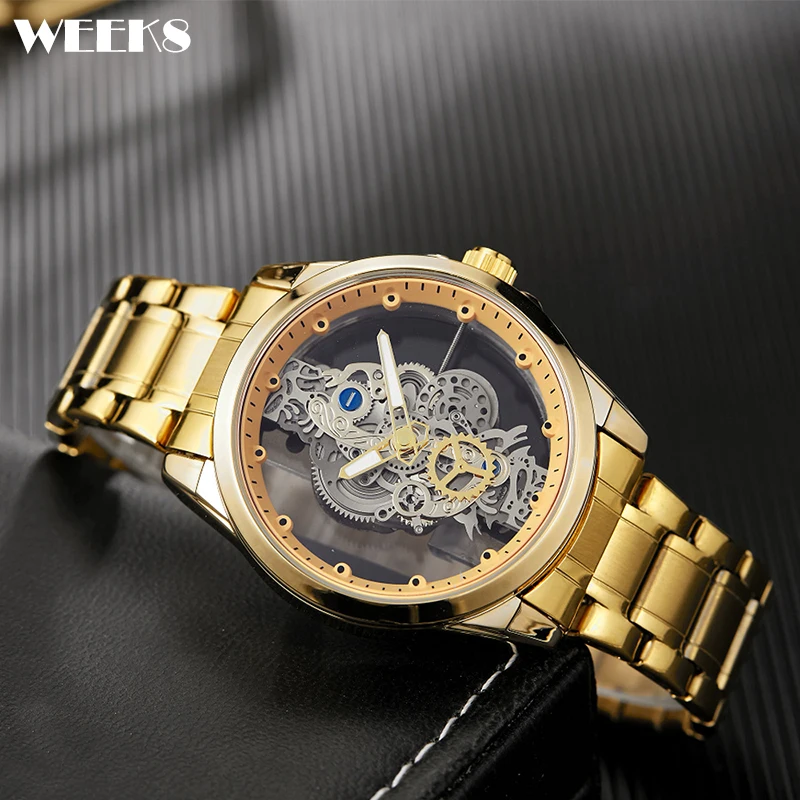 Skeleton Hollow Mens Watches Luxury Steampunk Gold Case Men Quartz Watch Stainless Steel Male Transparent Man Relogio Masculino