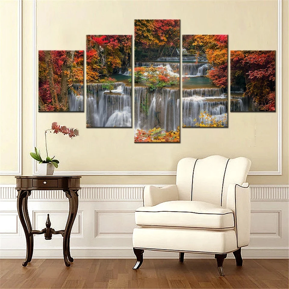 

5-piece Autumn Forest Waterfall scenery 5D DIY full square/round diamond painting embroidery Mosaic home decoration WE2326
