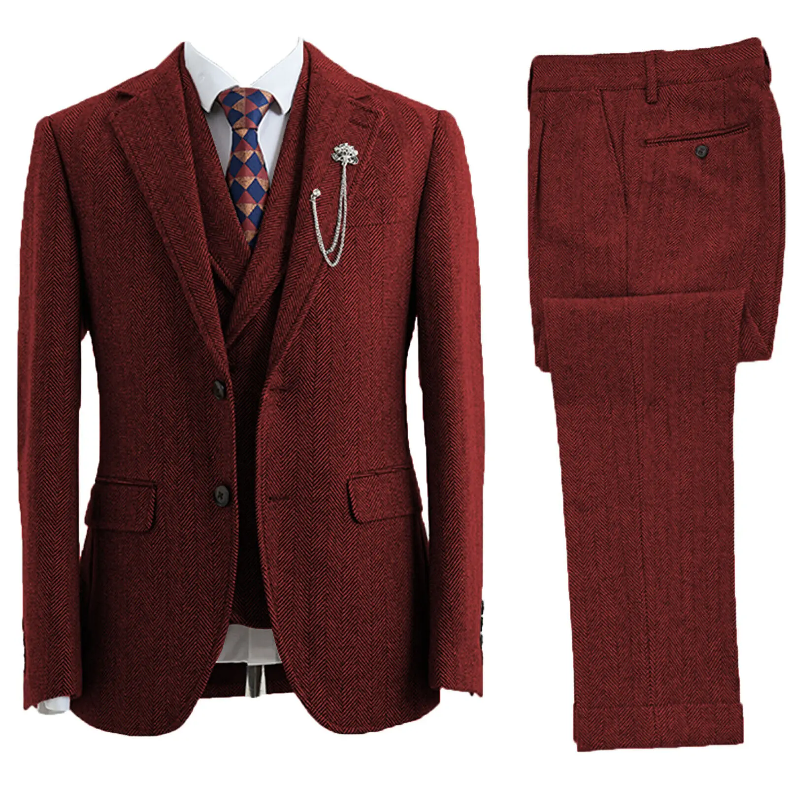 Men 3 Piece Suit Tweed Herringbone Double-Breasted Wedding Tuxedos Size  Men Clothing 3