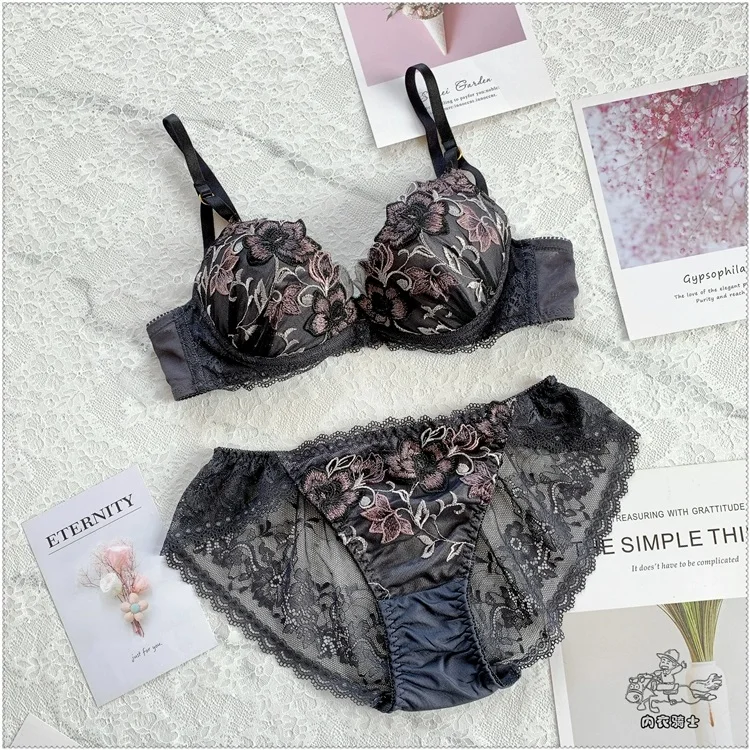 High-end luxury embroidery lingerie large flowers exquisite elegant ladies  underwear large cups gathered bra set - AliExpress