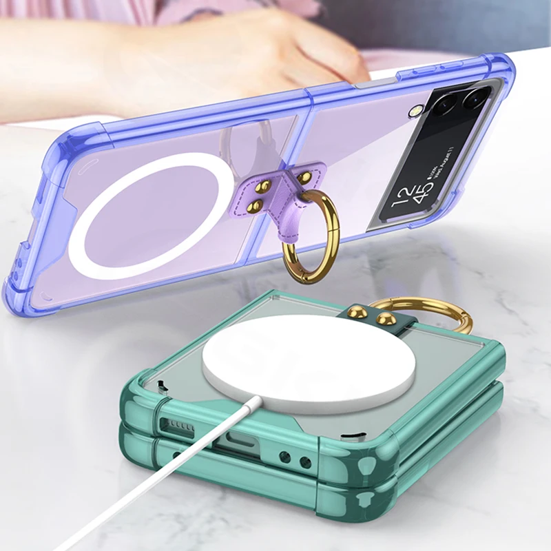 GKK Armor Airbag Finger Ring Holder Transparent Case For Samsung Galaxy Z Flip 4 Wireless Charging Cover For Magsafe ZFlip4