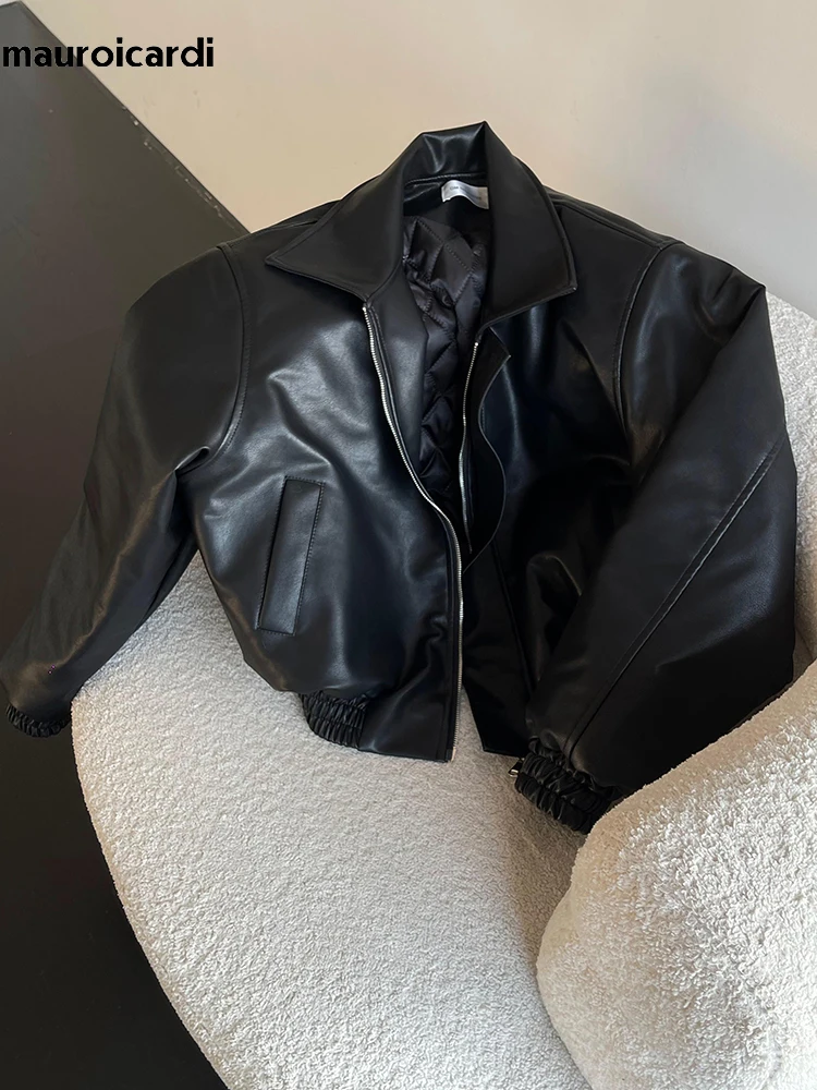 Mauroicardi Spring Autumn Cool Oversized Short Black Soft Pu Leather Jacket Men Zipper Luxury Designer American Vintage Clothes 5