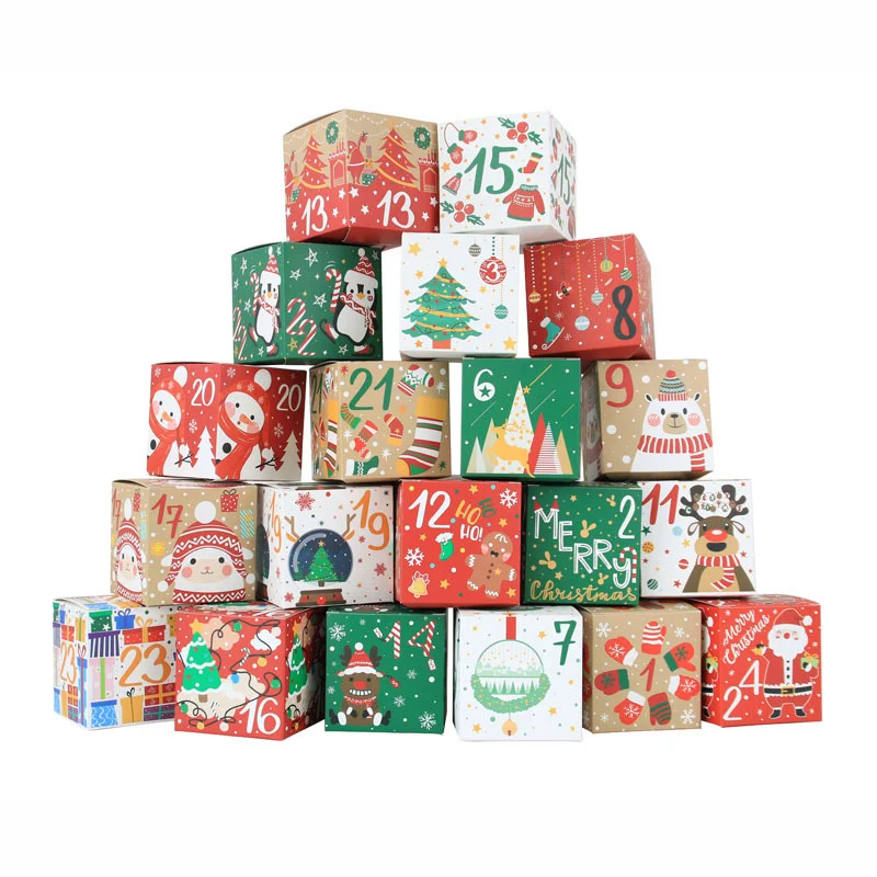 24-Piece Christmas Advent Calendar Kraft Paper Candy Gift Box Set for Holiday Countdown Decorations