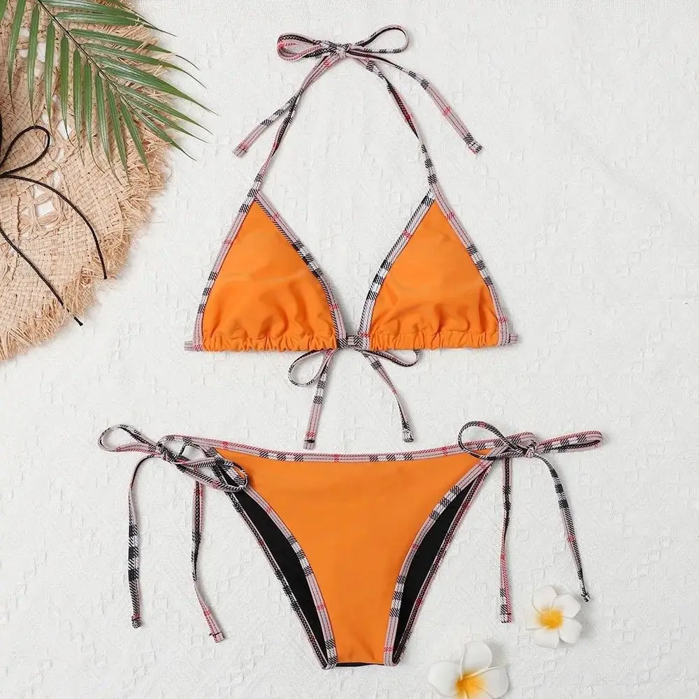Classic Plaid Swimsuit for Female, Conservative, Slim, High Waist, Split, Sexy Cross Strap, Push Up Triangle Bikini Set