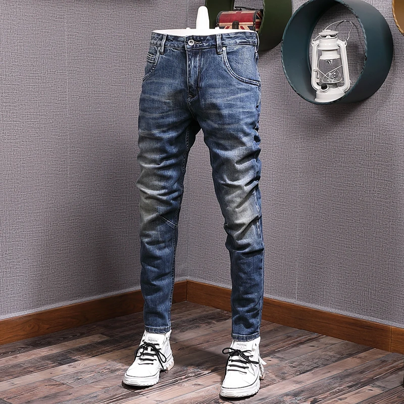 Fashion Designer Men Jeans High Quality Retro Blue Stretch Slim Fit Vintage Jeans Men Classical Trousers Casual Pants Hombre
