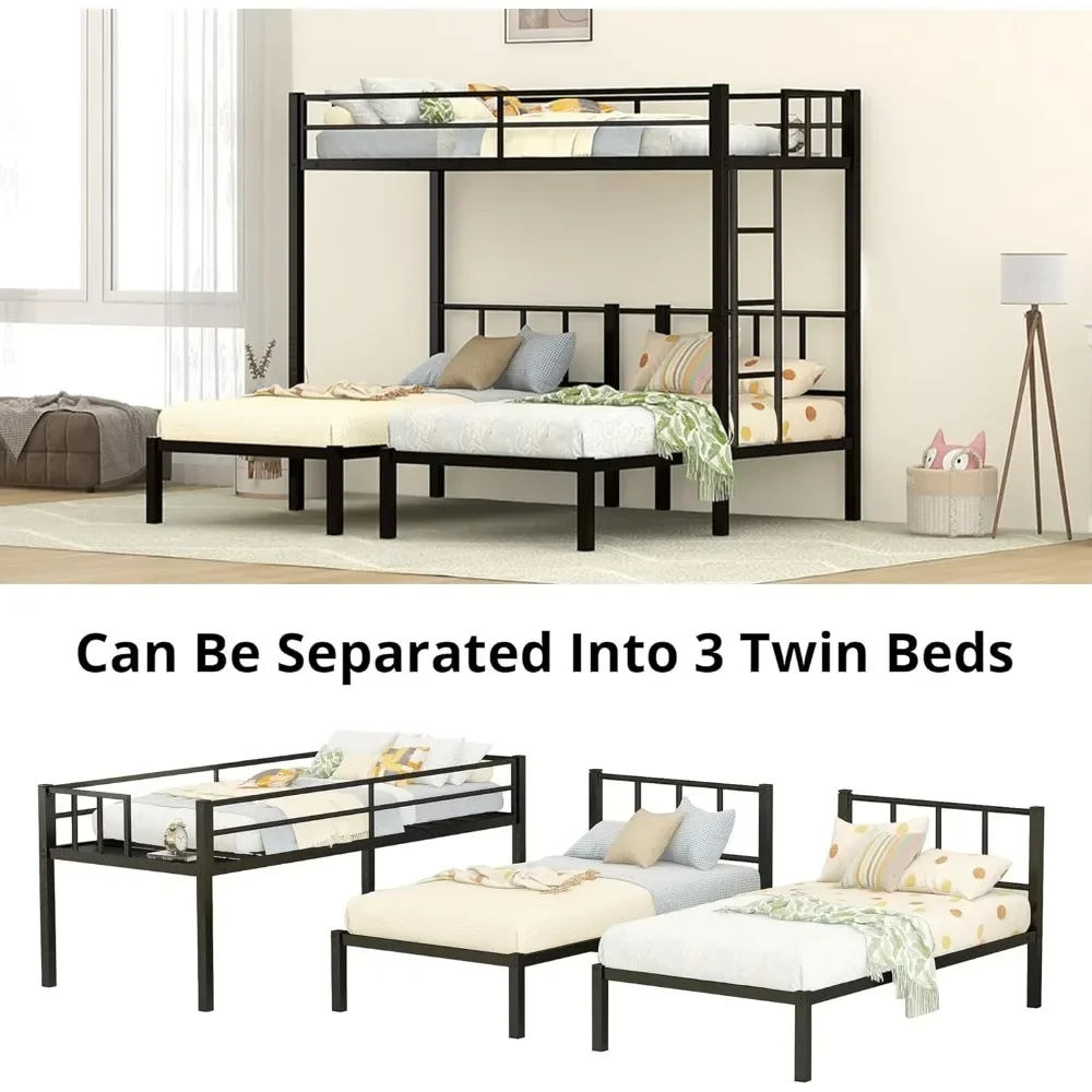 Triple Bunk Bed,Twin Bunk Beds for 3 with Guardrails,Ladder & Upper-Bed Platform,Detachable 3 Bunk Beds for Children,Black 3