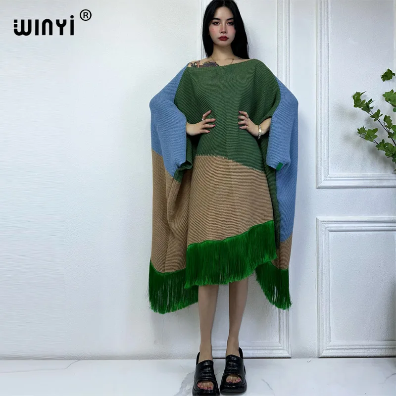 

Зимнее удобное теплое платье WINYI с бахромой и контрастным дизайном, элегантная африканская женская зимняя одежда для женщин, кафтан