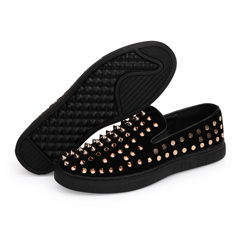 IGxx Elastic Rivet Shoes For Men Black Punk Metal Spikes Shoes Men's Clubs Flats Loafers Genuine Leather Motorcycle Shoes Men