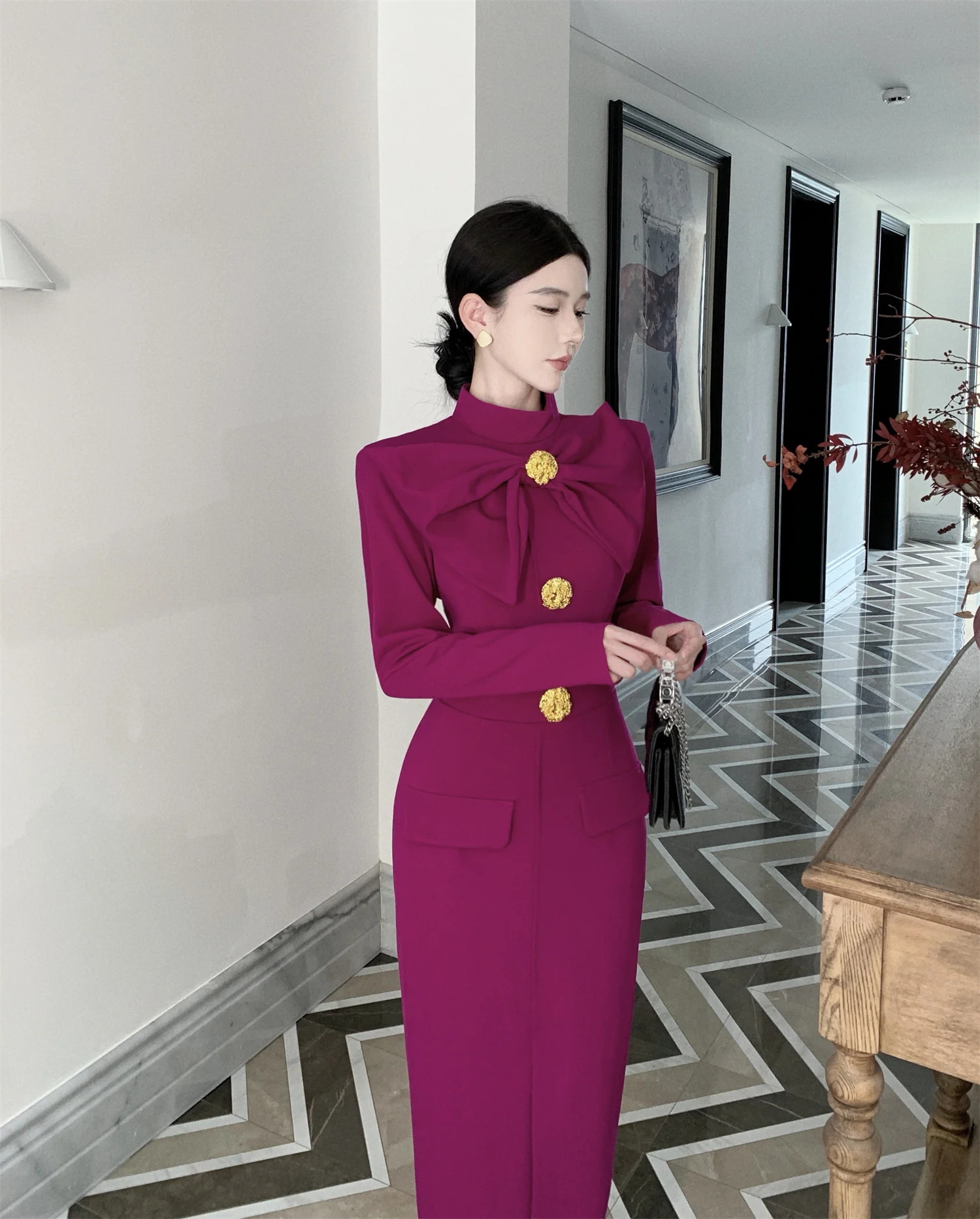 

Женское элегантное платье с бантом, женские весенне-зимние дизайнерские платья с разрезом, длинные женские платья