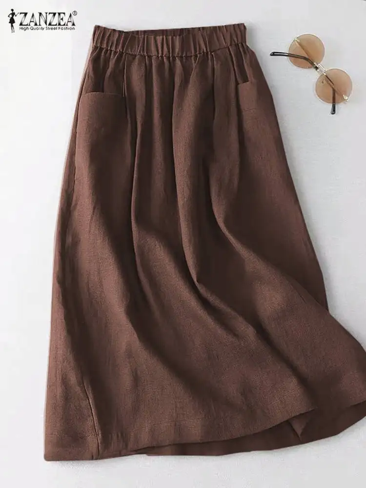 ZANZEA Women A Line Cotton Skirt Elastic Waist Midi Skirt Solid 2024 Summer Korean Side Pockets Falda Saias Casual Holiday Jupe 2