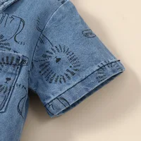 Summer New Short sleeved Polo Collar Single breasted Cartoon Little Lion Printed Denim Shorts jumpsuit for small and medium-size 5