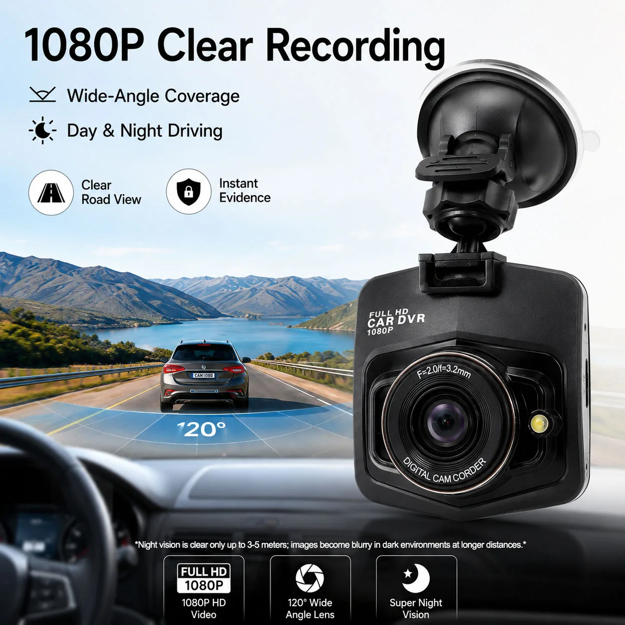 Telecamera DVR per Auto 1080P, Registratore Video HD per Veicoli, Monitor DVR, Telecamera per Parcheggio con Sensore di Gravità e Registrazione in Loop - immagine 3