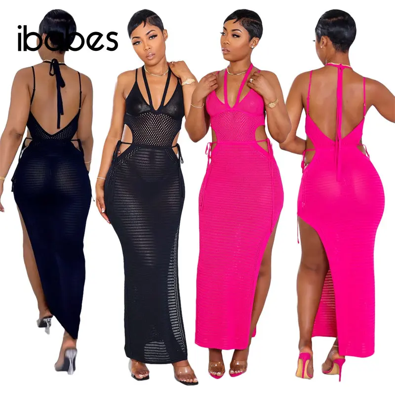 

Cover Ups Hand Crochet Fishnet Maxi Dress Women Knitted Beach Party Dresses Sexy V Neck Halter Backless High Split Long Vestidos