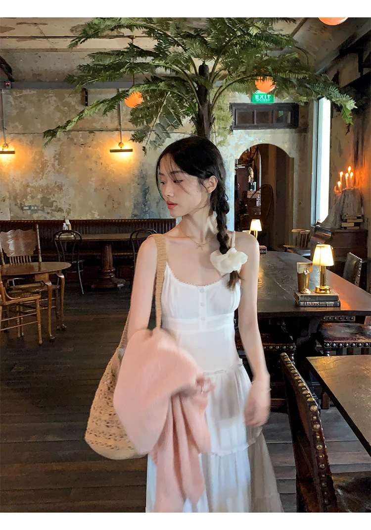French Elegant Dresses for Women Solid Spaghetti Strap Summer New Ruffles A-line Casual Korean Chic Midi Vestidos Mujer