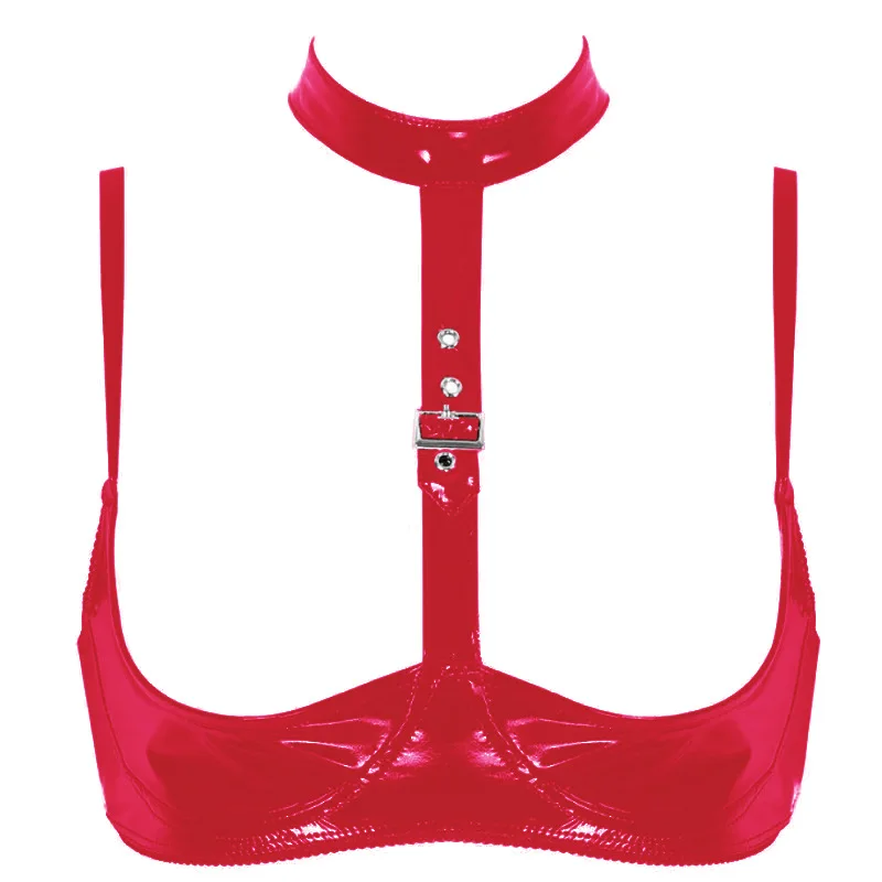 

Exposed Breasts Nipples Sexy Women's Bra Lingerie Fashion Faux Leather Adjustable Wire-free Open Cup Shelf Bra black XXXL