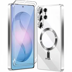 Luxury Magnetic Case with Dual Screen & Camera Protectors - Shockproof Clear Cover for Galaxy S26 Plus (Silver)