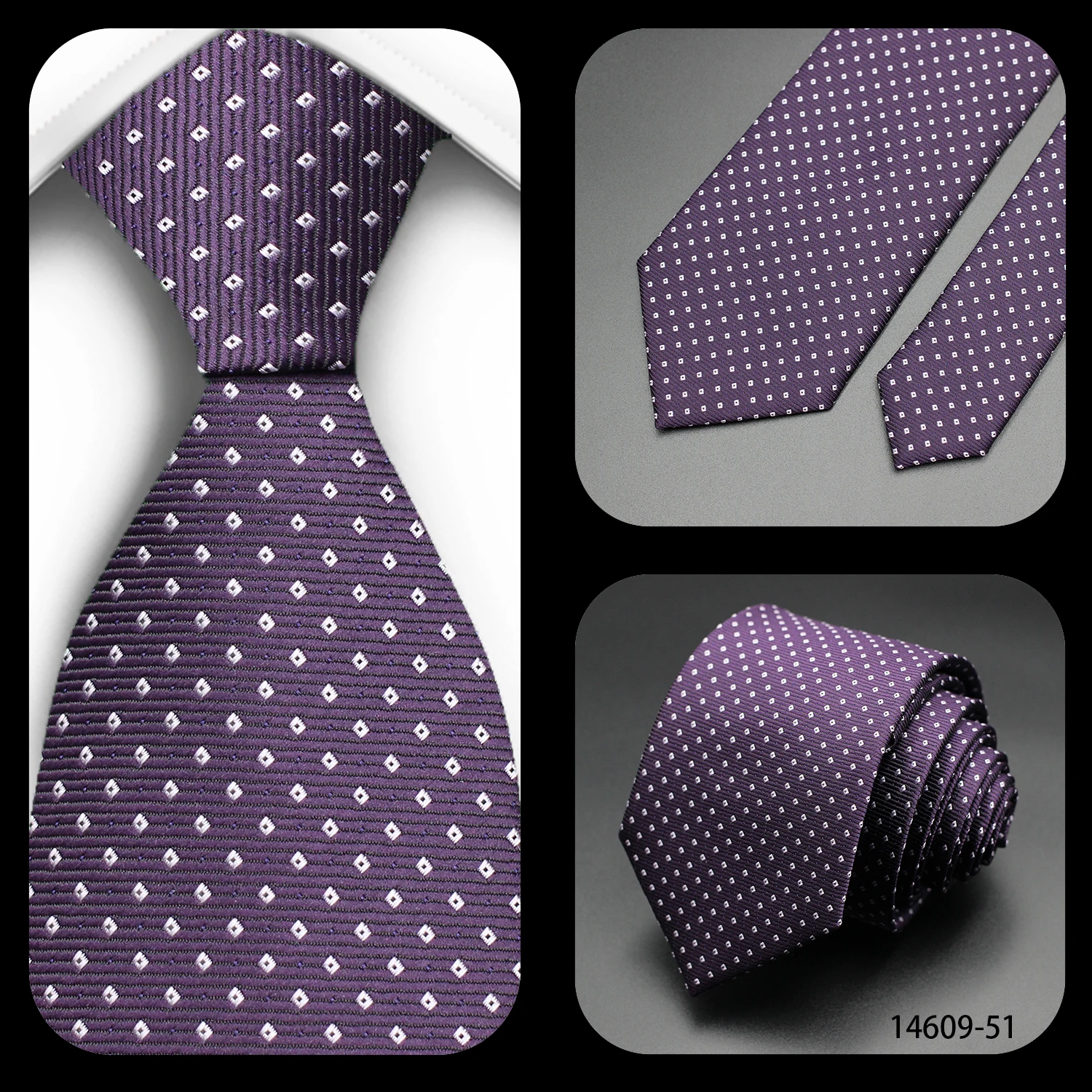 Luxuriöse 7CM Herrenkrawatte in Lila mit Streifen, Punkten und Blumenmuster für Männer, Bräutigam, Jacquard-gewebte Krawatte für Business, Hochzeit, Party. – Detail 7