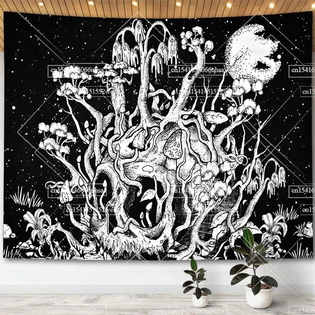 Tapisserie de crâne noir et blanc, Tapisserie de lune, Modules gothiques, Seton, Hiphelicopter, Mandala, Tapisseries florales pour chambre à coucher, Affiche de décor esthétique 3